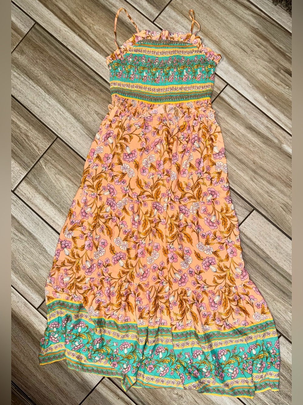 Boho Style Peach Floral Smocked Maxi Dress with Pink Accents
